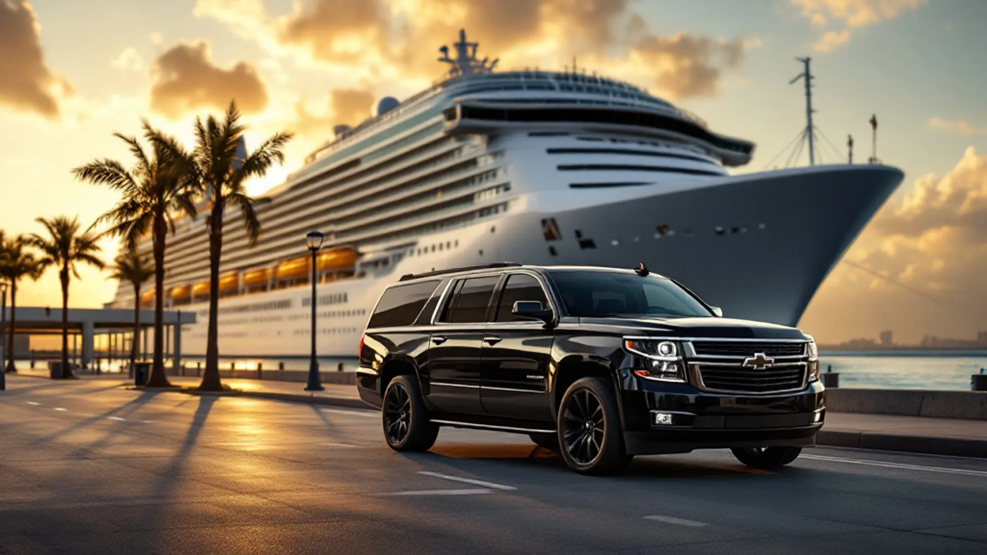 Illustration of a black SUV parked on a palm-lined cruise pier beside a docked ship at sunset.